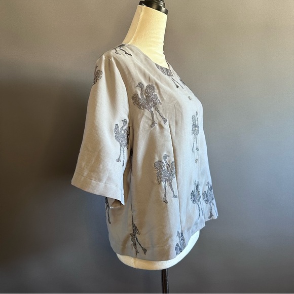Anthropologie Pepaloves Gray Ostrich Blouse Embroidered Sz L - Picture 4 of 9